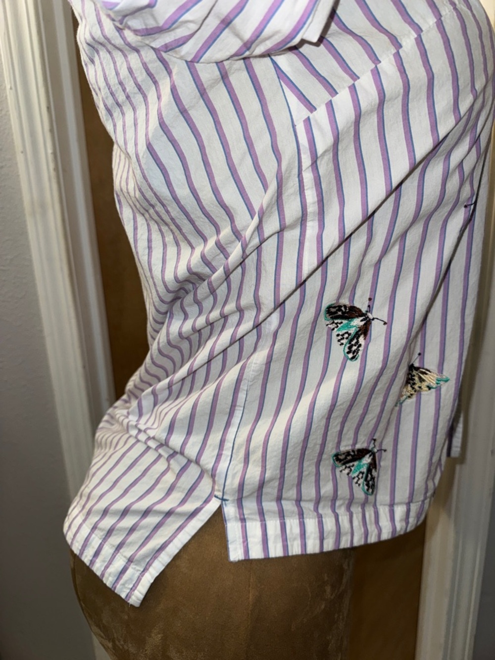 ANTHROPOLOGIE MAEVE Butterfly Embroidered Button Down Stripe Shirt, relaxed XS - Picture 7 of 13